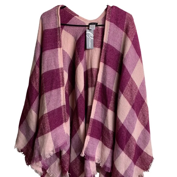 Women’s Wrap Shawl One Size Purple Pink Plaid Knit New Chatties Fall Sweater - Picture 4 of 9